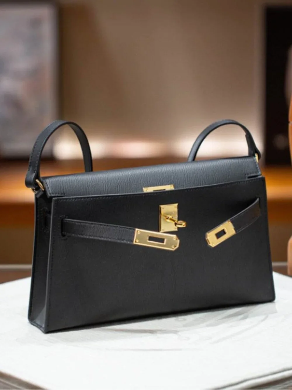 Luxe Genuine Leather black Baguette Shoulder Bag